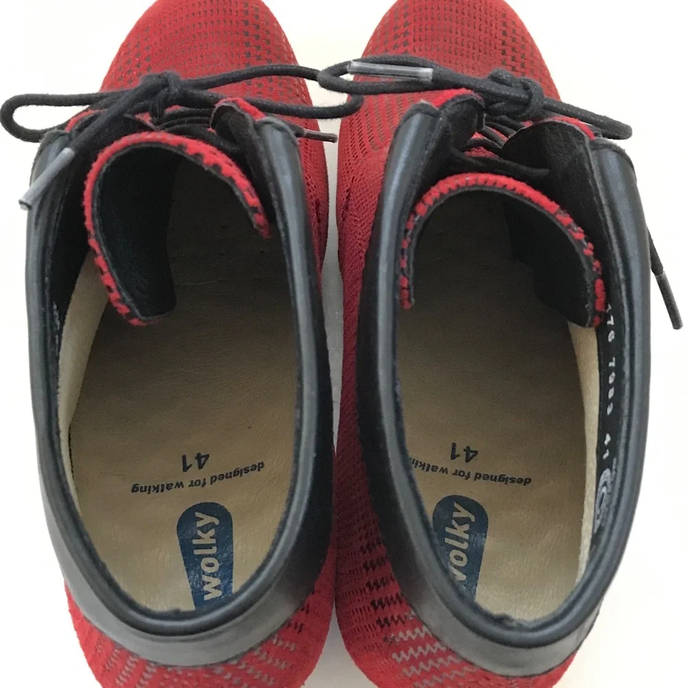 WOLKY Suede Lace-Up Booties Red Black Jacquerie Heeled Boots Women’s Size 9.5